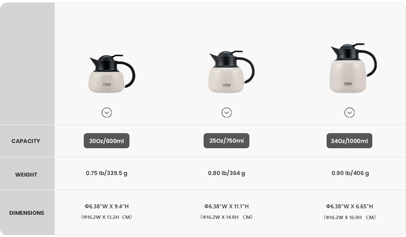 Vacuum Insulated Teapot with Strainer size chart