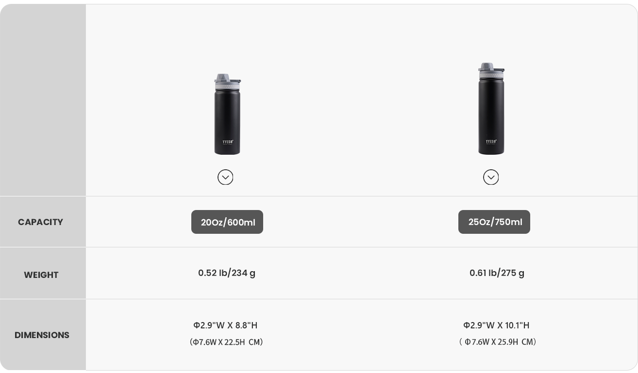 REVIVE Sports Hydration Bottle with Foldable Handle size chart