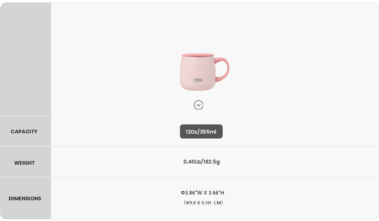 Insulated Coffee Mug 2.0 with Ceramic Inner size chart