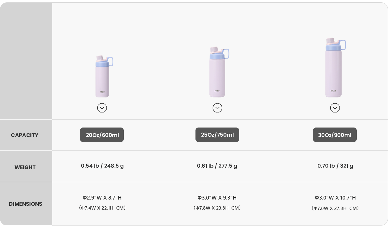 Vibrant Sports Bottle with Easy-grip Handle size chart