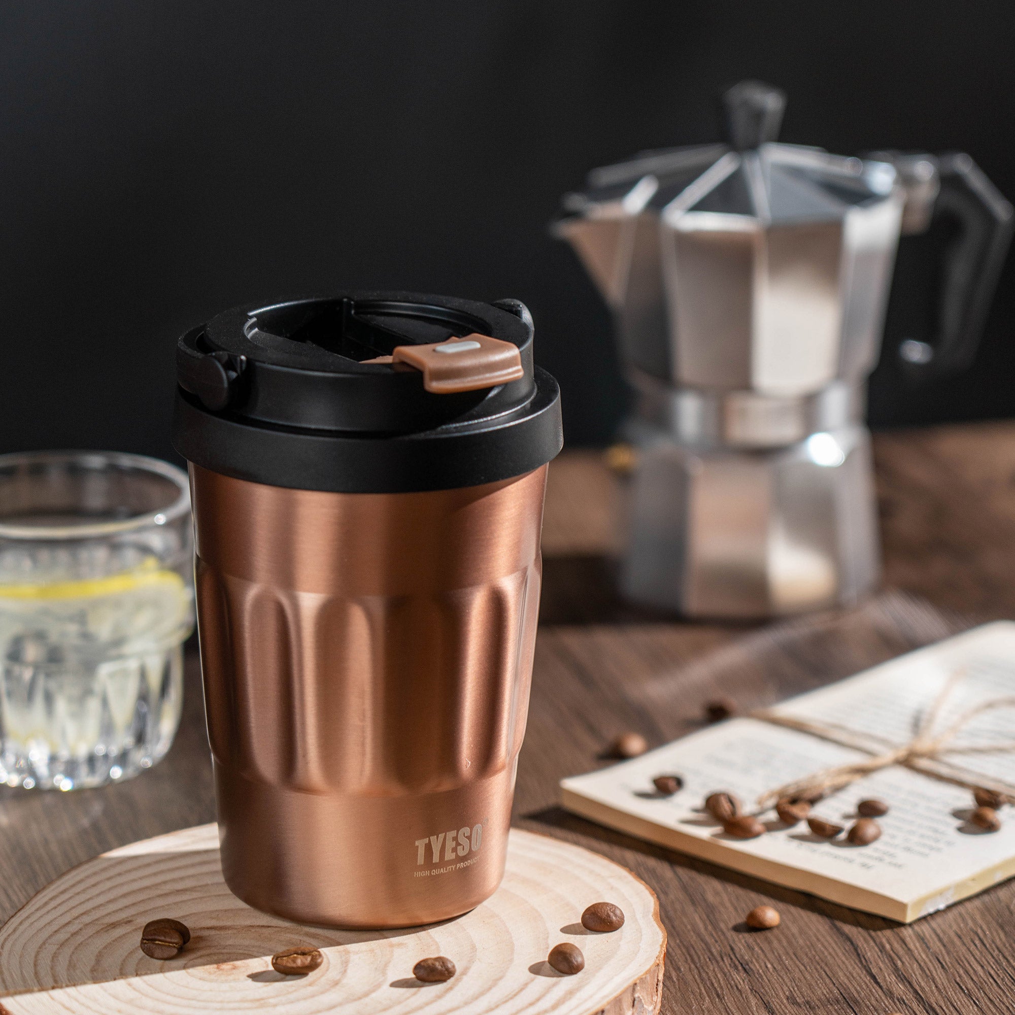 TYESO_Stainless Steel Portable coffee Tumbler 22_Rose Gold_14oz coffee bean