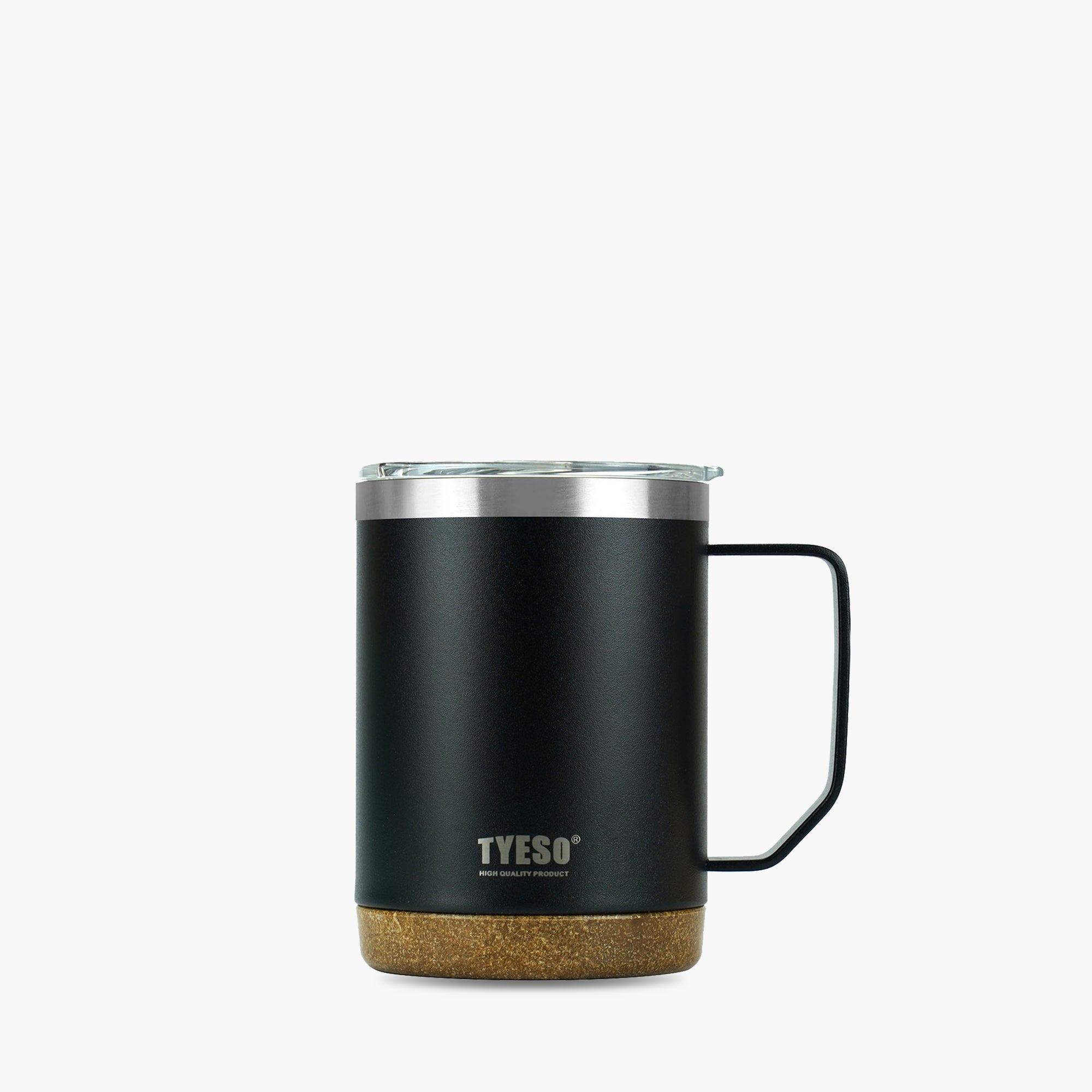 Front view of the black 18 oz TYESO CASK insulated coffee mug with handle #color_black