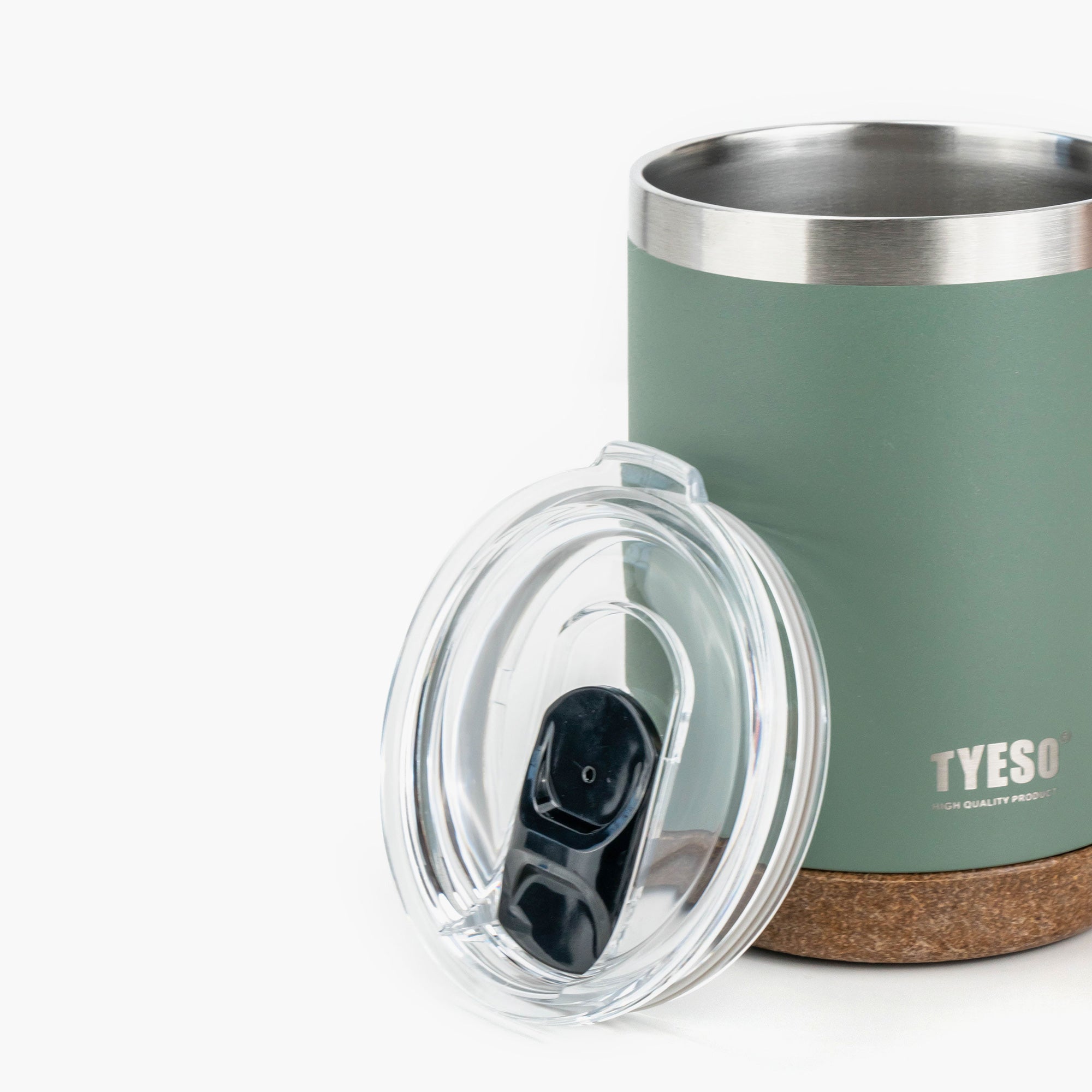 Green TYESO CASK coffee mug with its clear sliding lid shown beside it #color_green