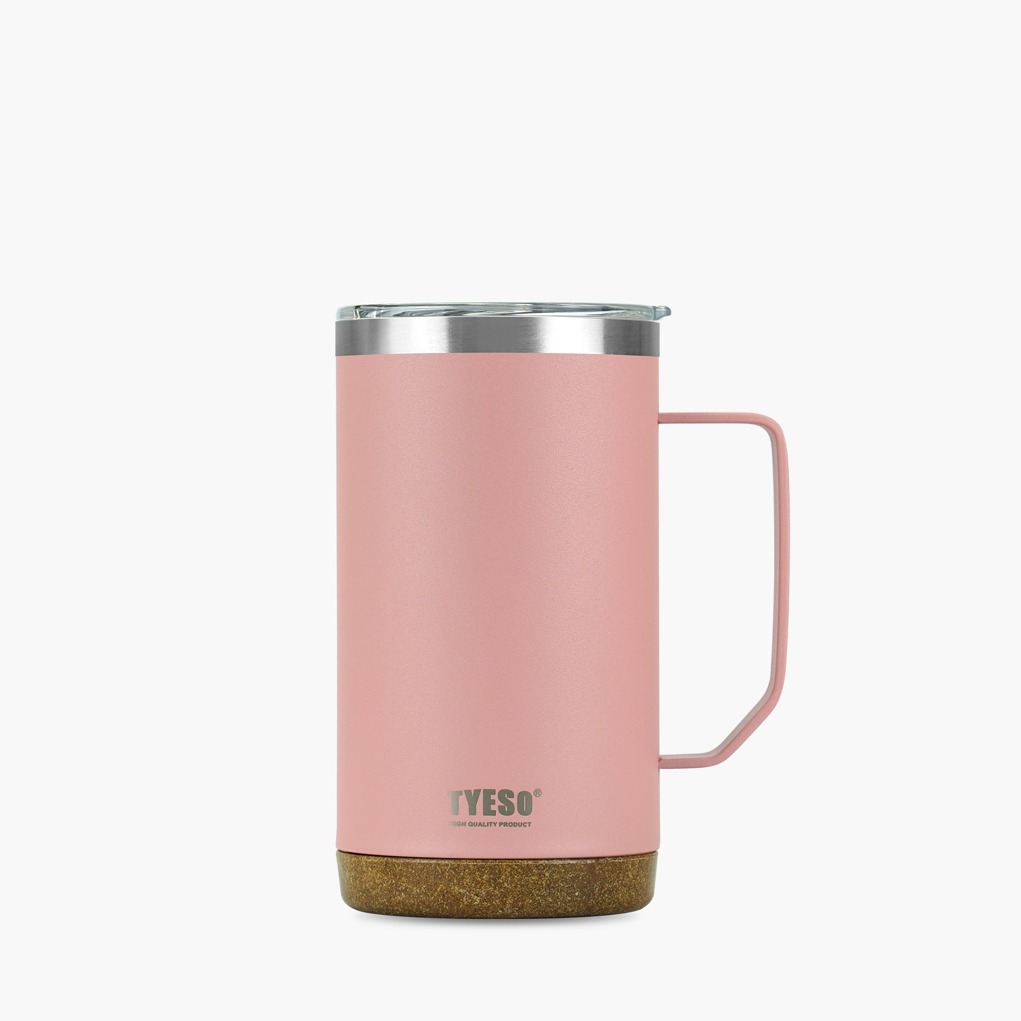 Front view of the pink 24 oz TYESO CASK insulated coffee mug with handle #color_pink