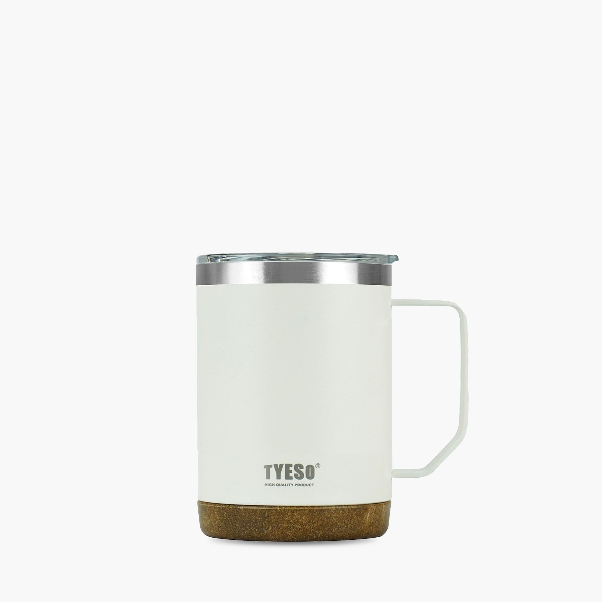 Front view of the white 18 oz TYESO CASK insulated coffee mug with handle #color_white