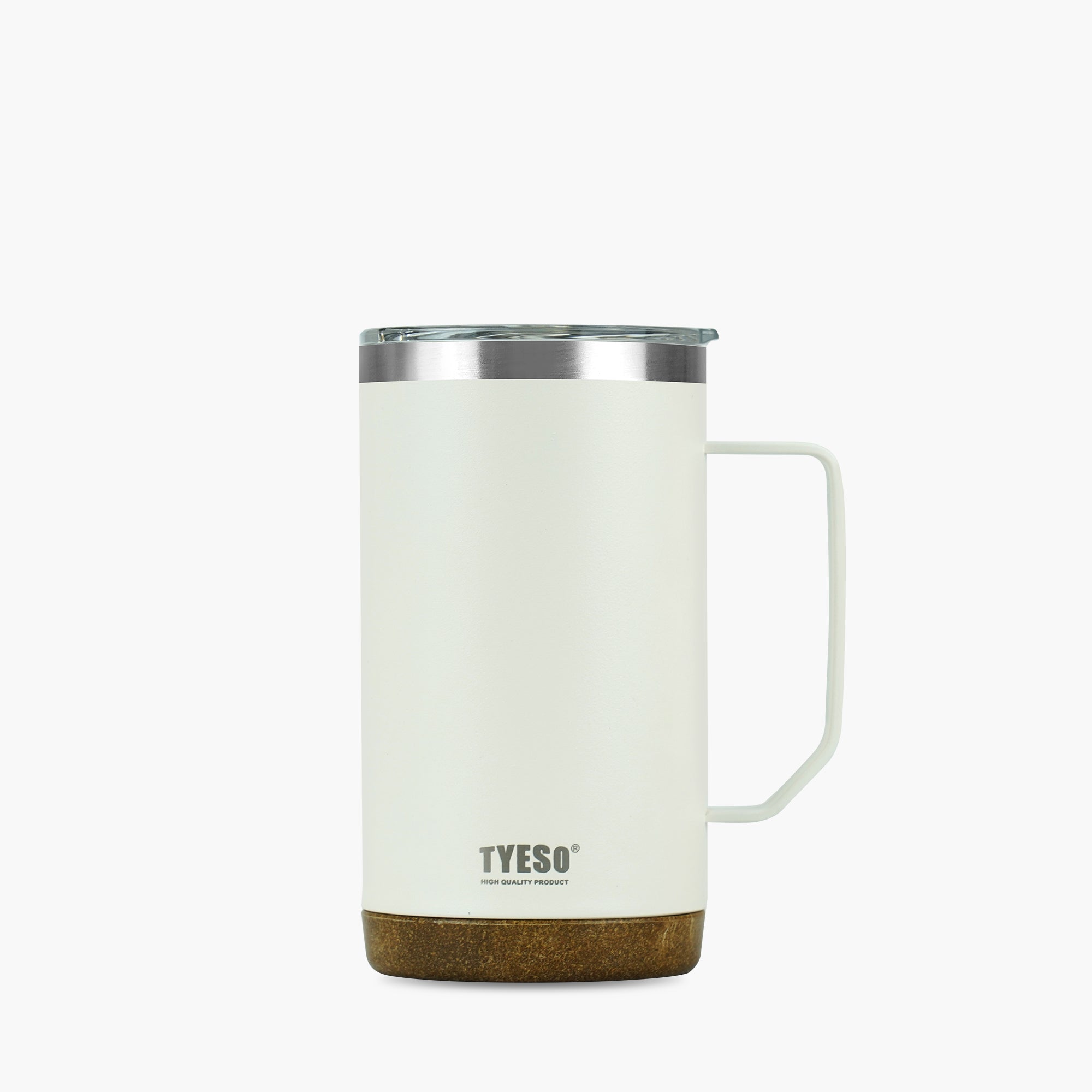 Front view of the white 24 oz TYESO CASK insulated coffee mug with handle #color_white