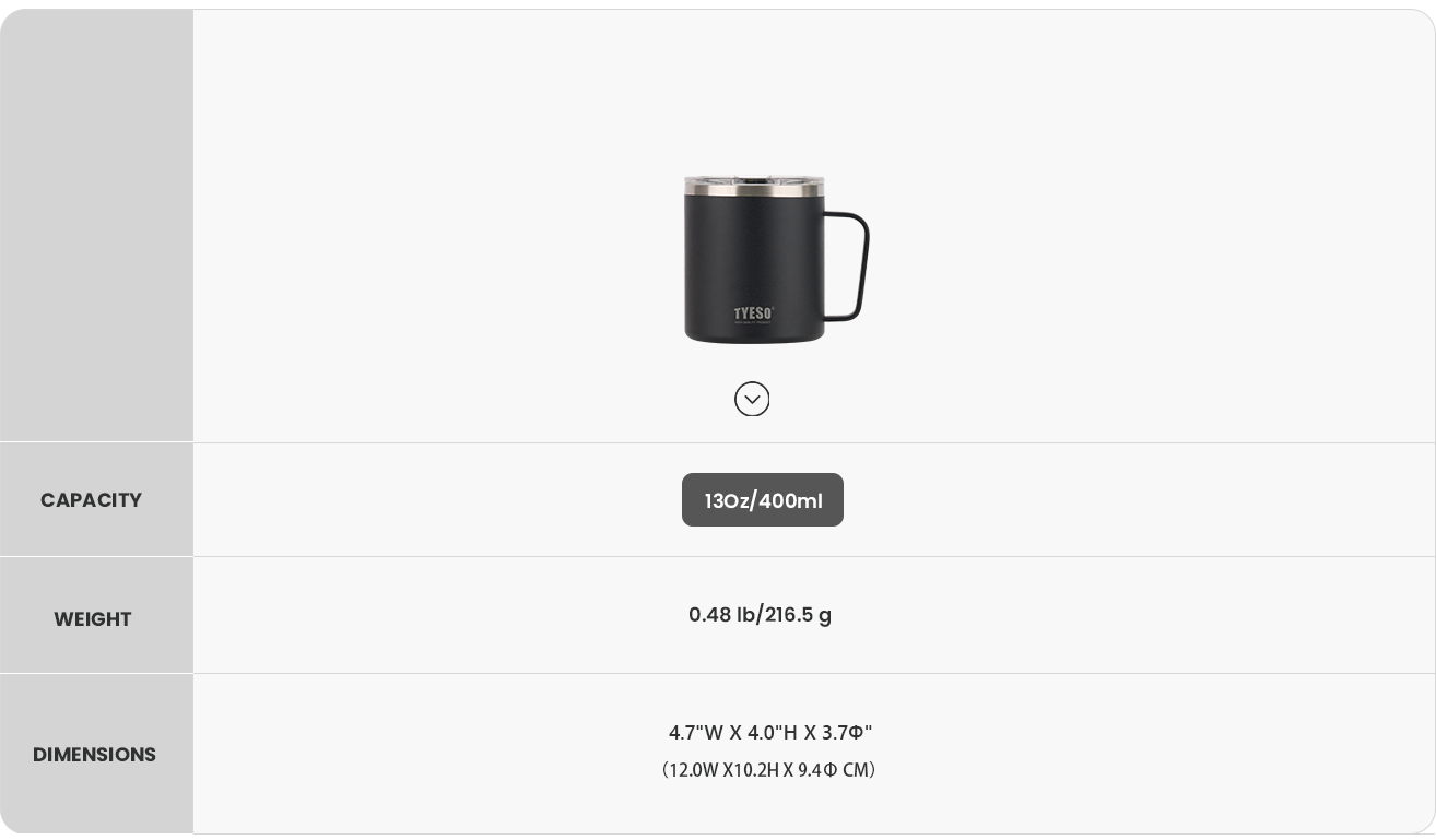 Coffee Mug with Handle & Lid 10# size chart
