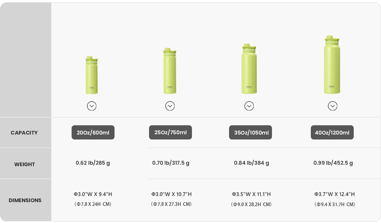 Stainless Steel Light Weight Sports Bottle With Handle 318C size chart