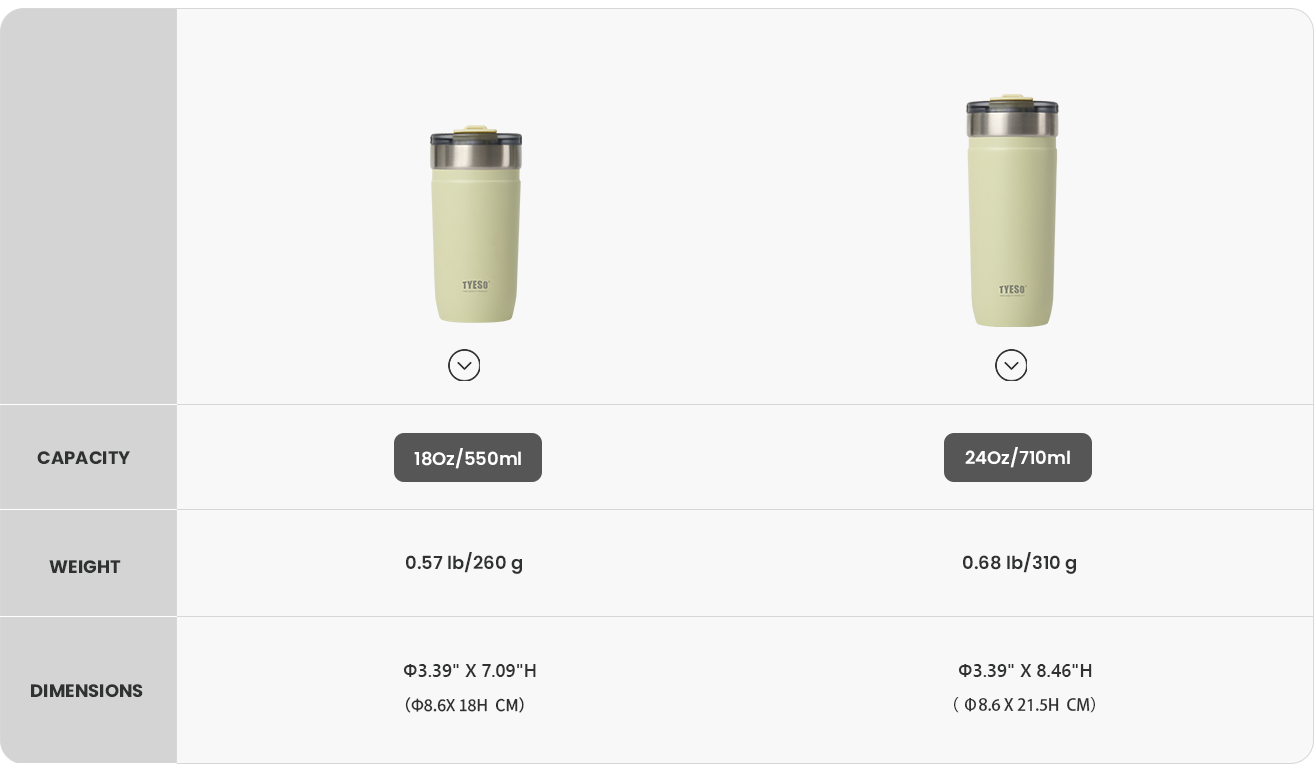OPALINE Insulated Tumbler size chart
