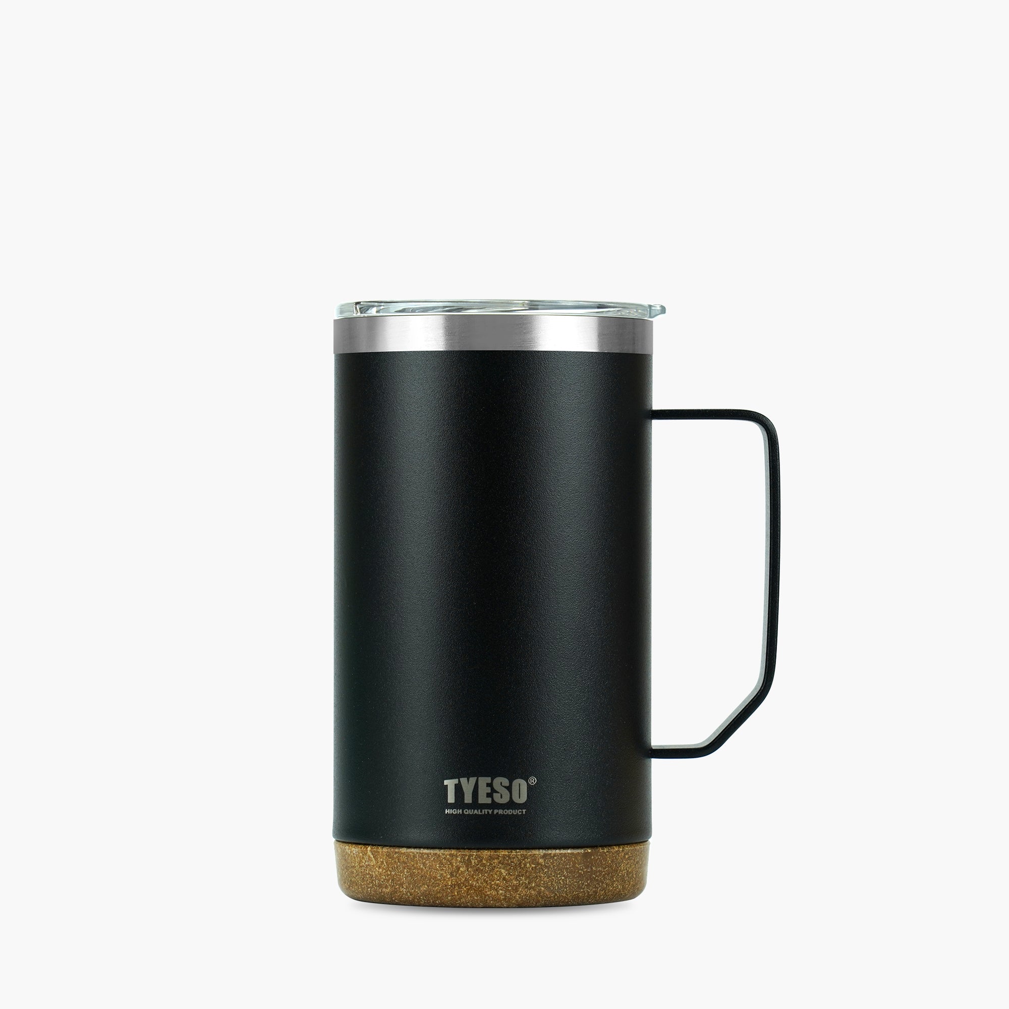Front view of the black 24 oz TYESO CASK insulated coffee mug with handle #color_black