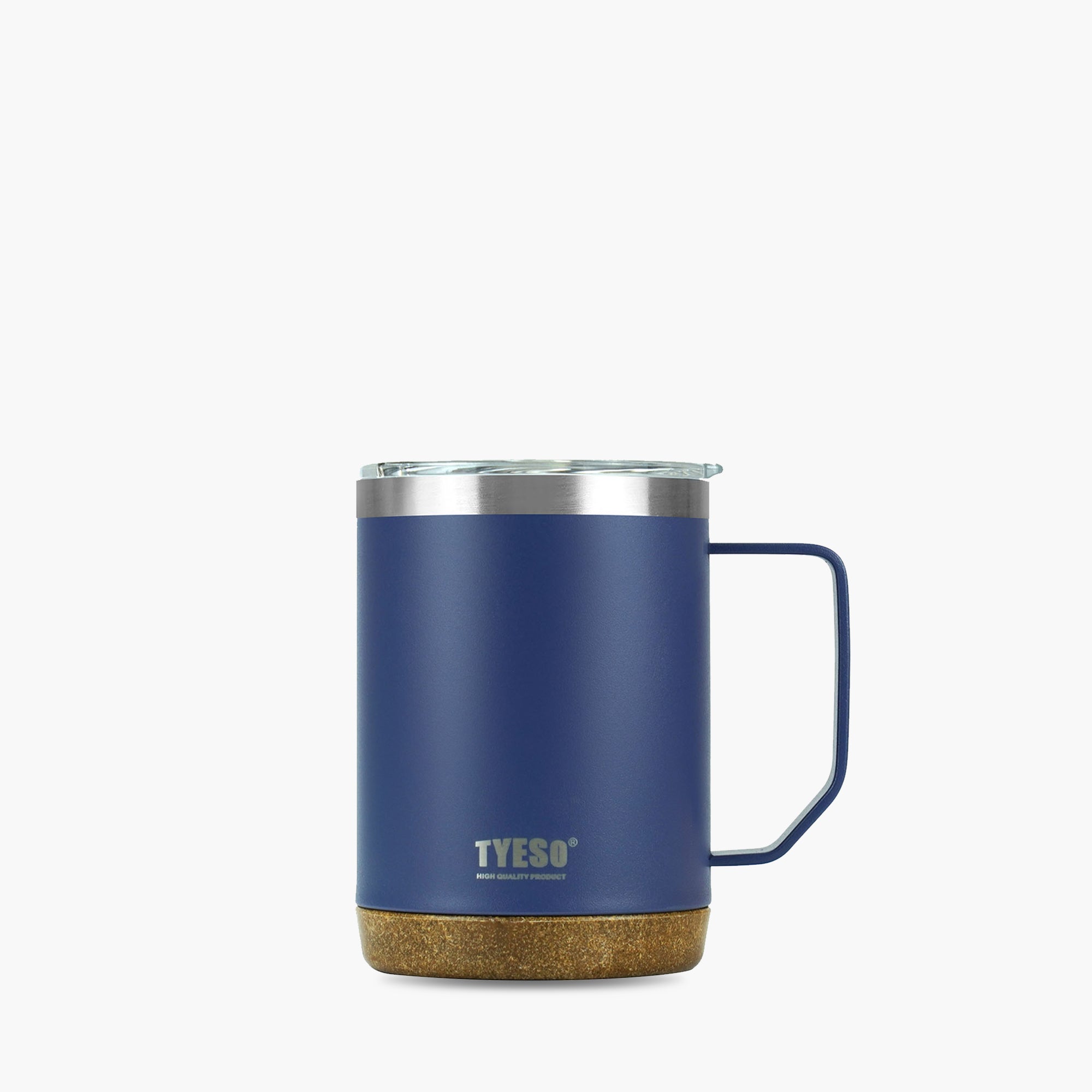Front view of the blue 18 oz TYESO CASK insulated coffee mug with handle #color_blue