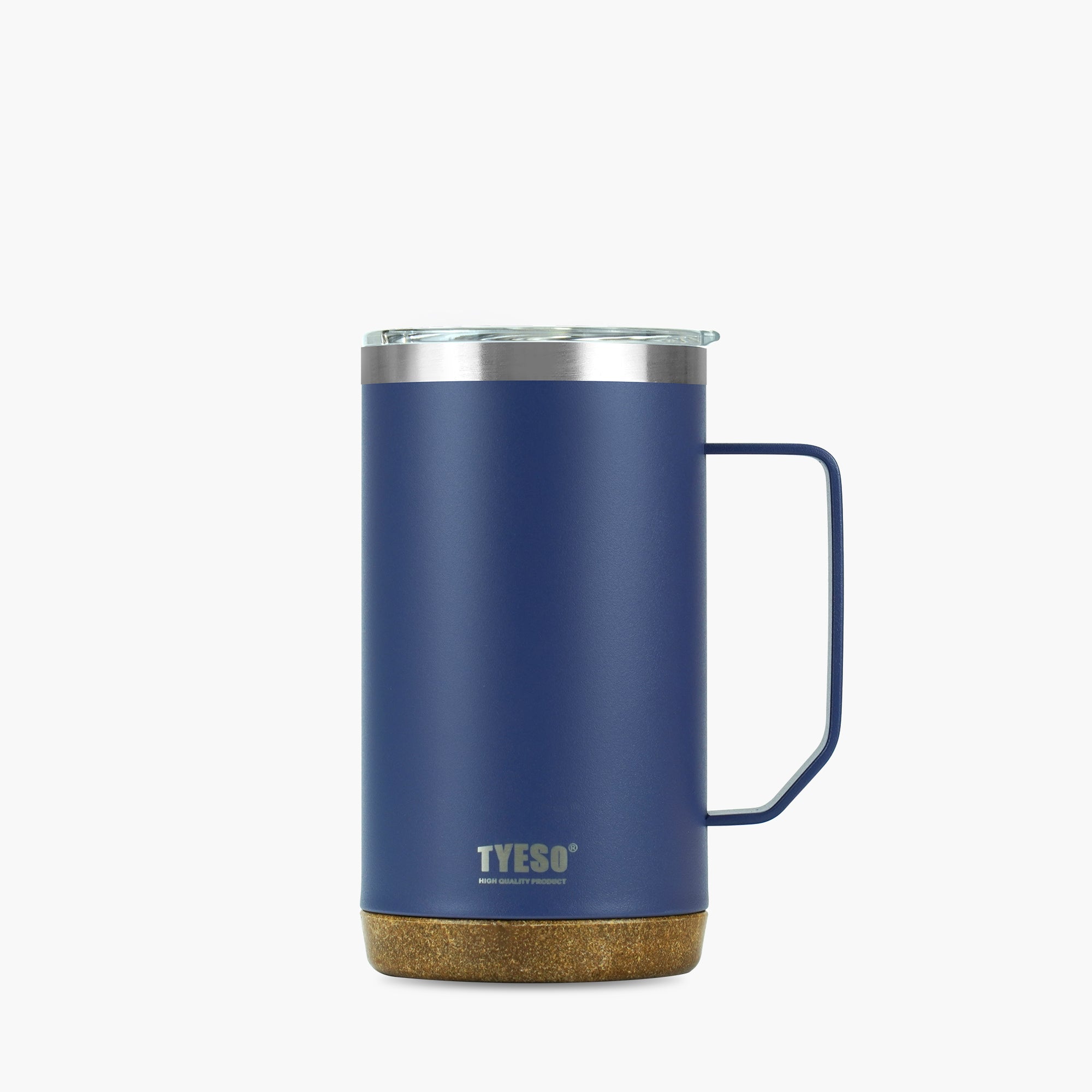 Front view of the blue 24 oz TYESO CASK insulated coffee mug with handle #color_blue