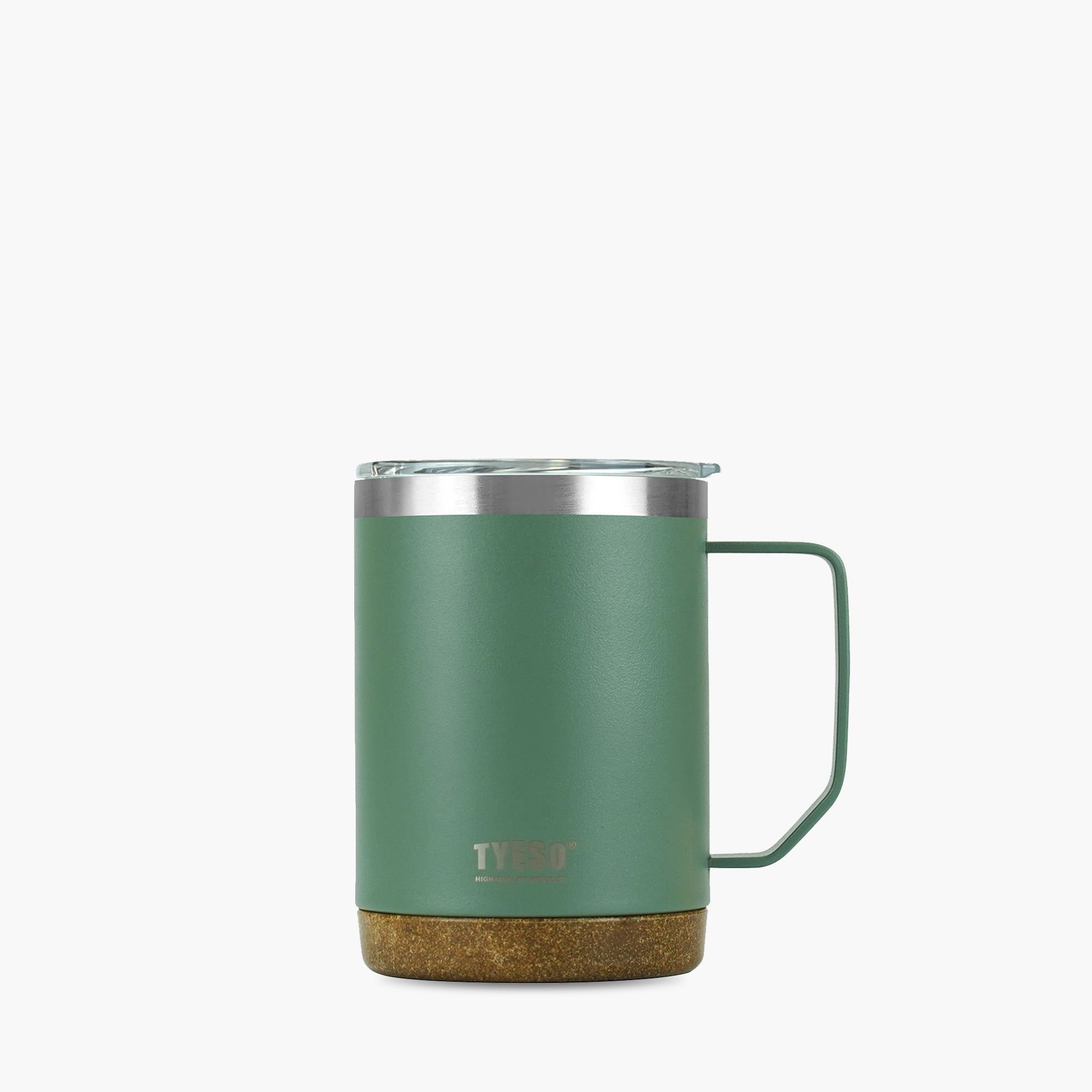 Front view of the green 18 oz TYESO CASK insulated coffee mug with handle #color_green