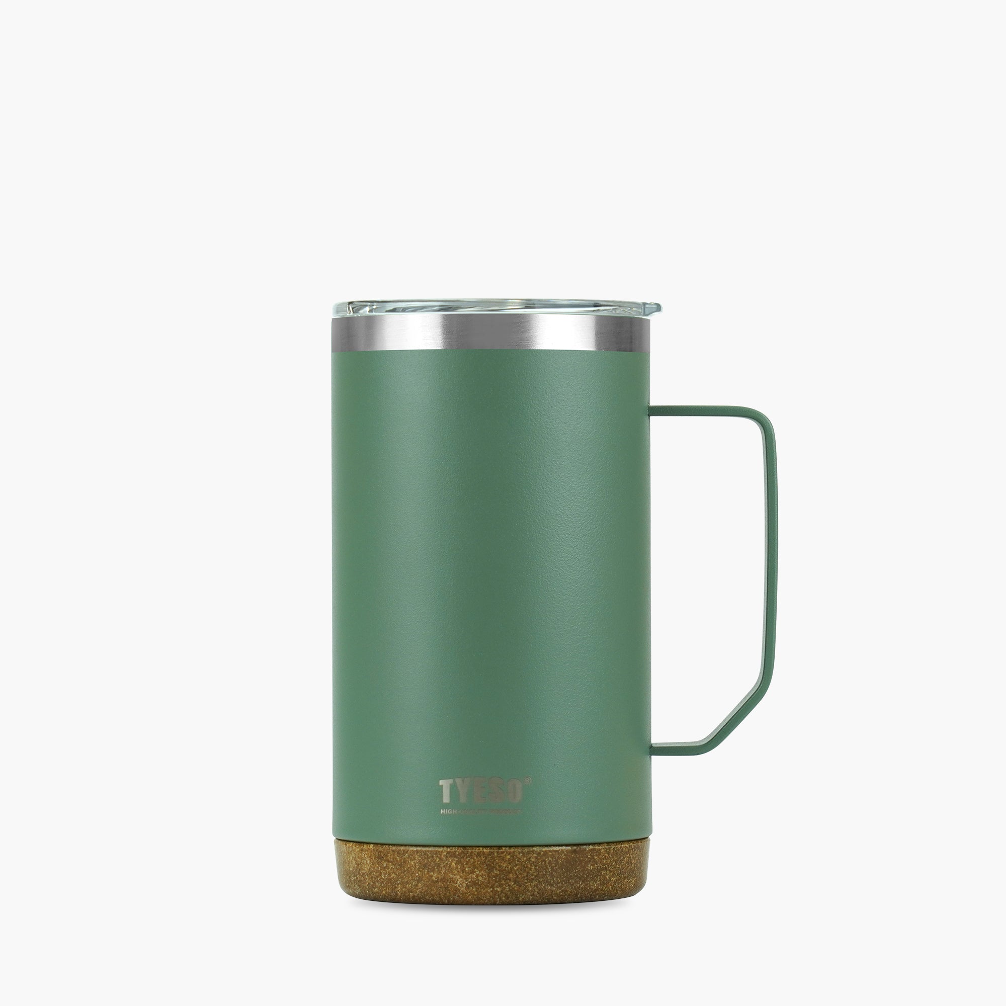 Front view of the green 24 oz TYESO CASK insulated coffee mug with handle #color_green