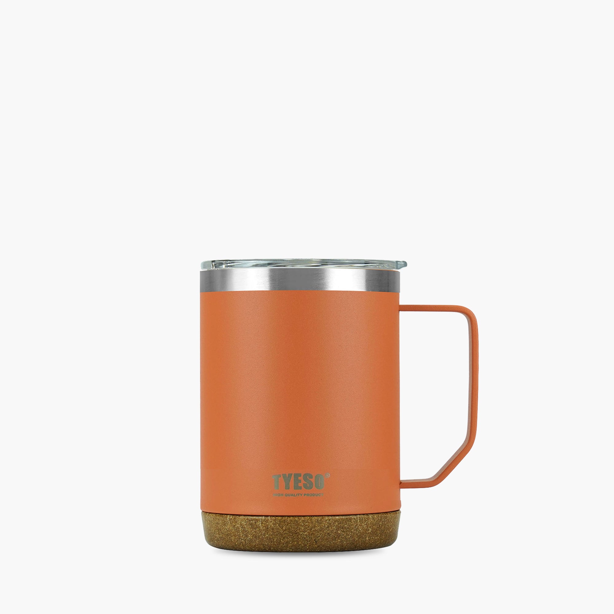 Front view of the orange 18 oz TYESO CASK insulated coffee mug with handle #color_orange