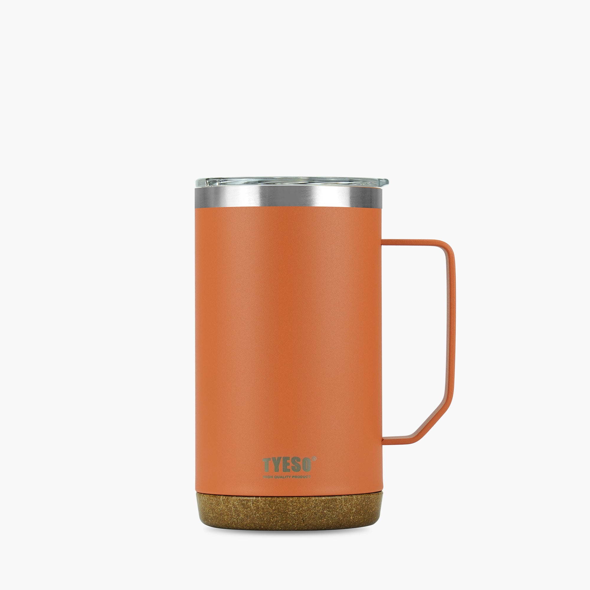 Front view of the orange 24 oz TYESO CASK insulated coffee mug with handle #color_orange