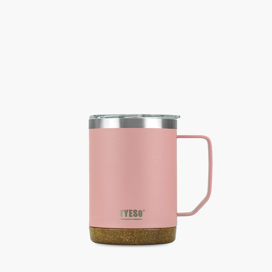 Front view of the pink 18 oz TYESO CASK insulated coffee mug with handle #color_pink