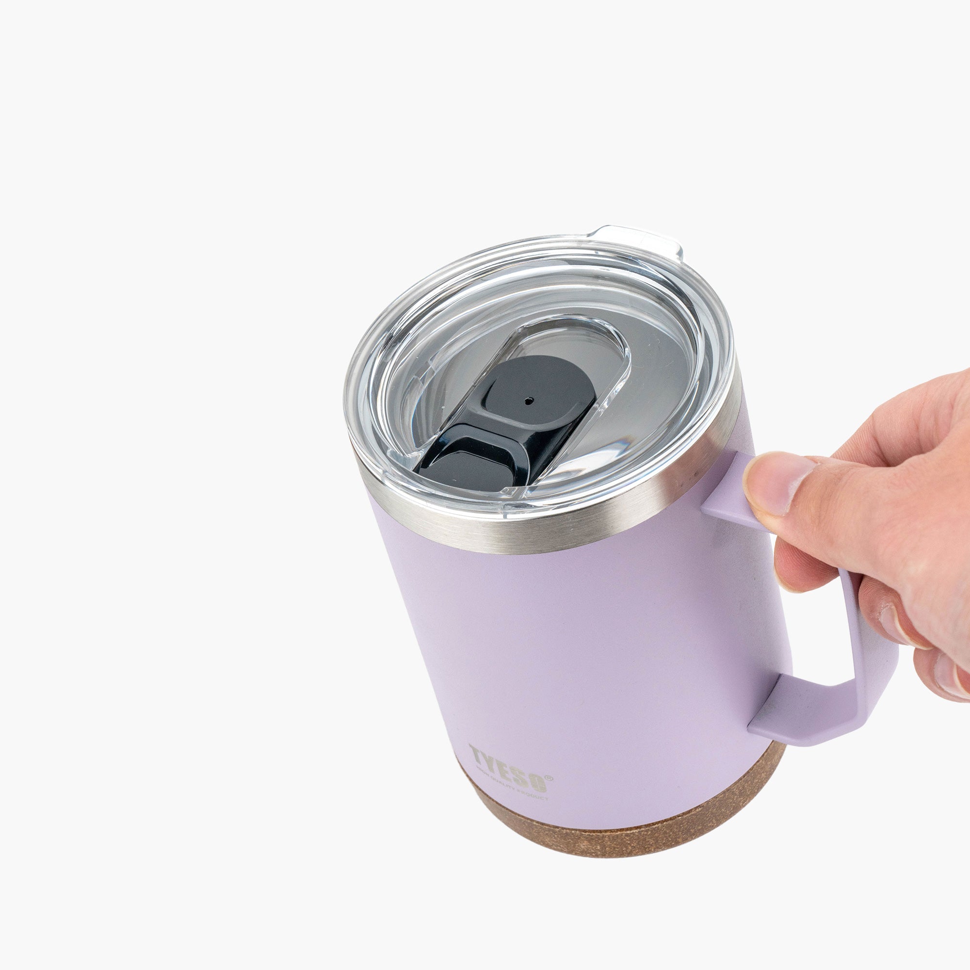 Close-up of the clear sliding lid on the purple TYESO CASK coffee mug #color_purple