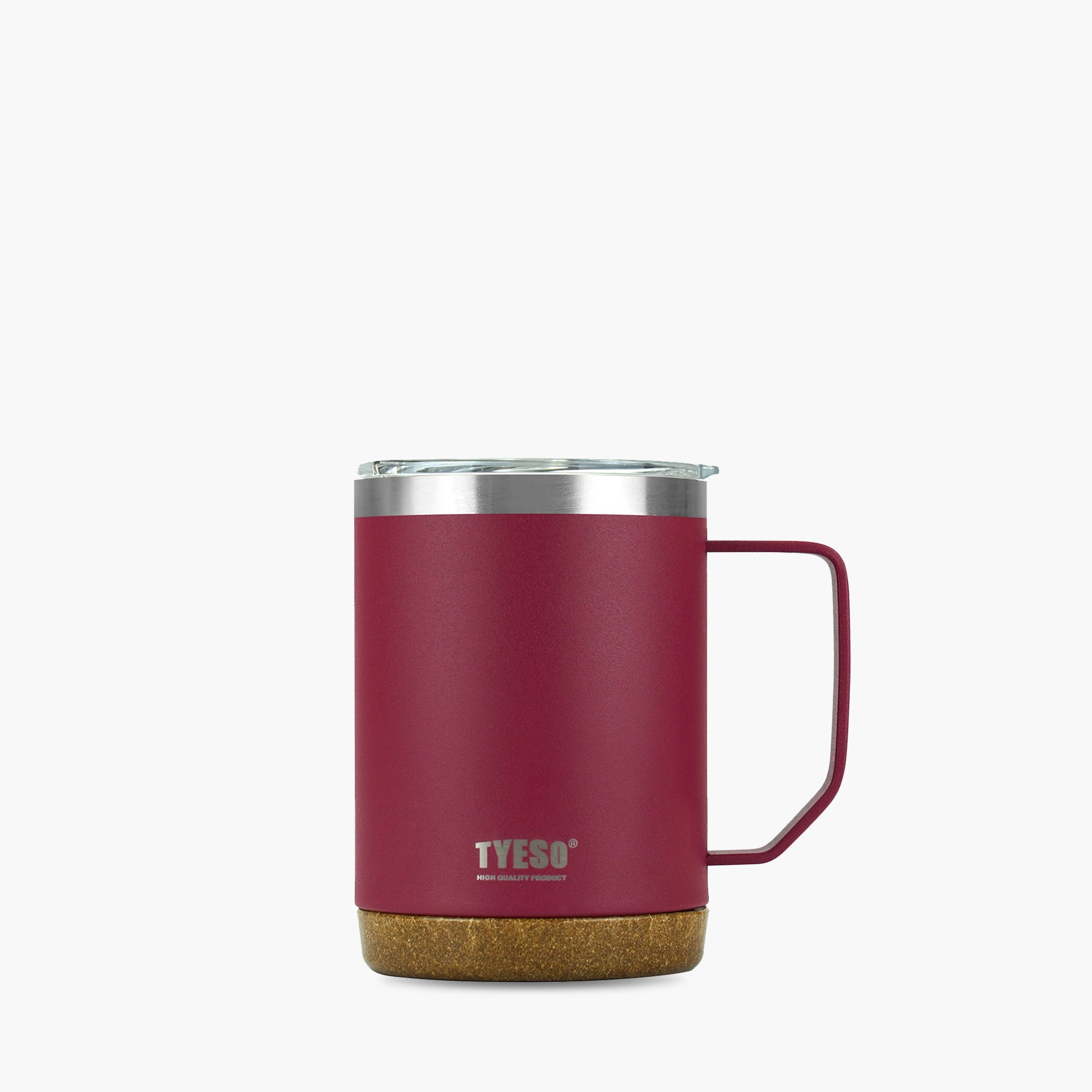 Front view of the red 18 oz TYESO CASK insulated coffee mug with handle #color_red