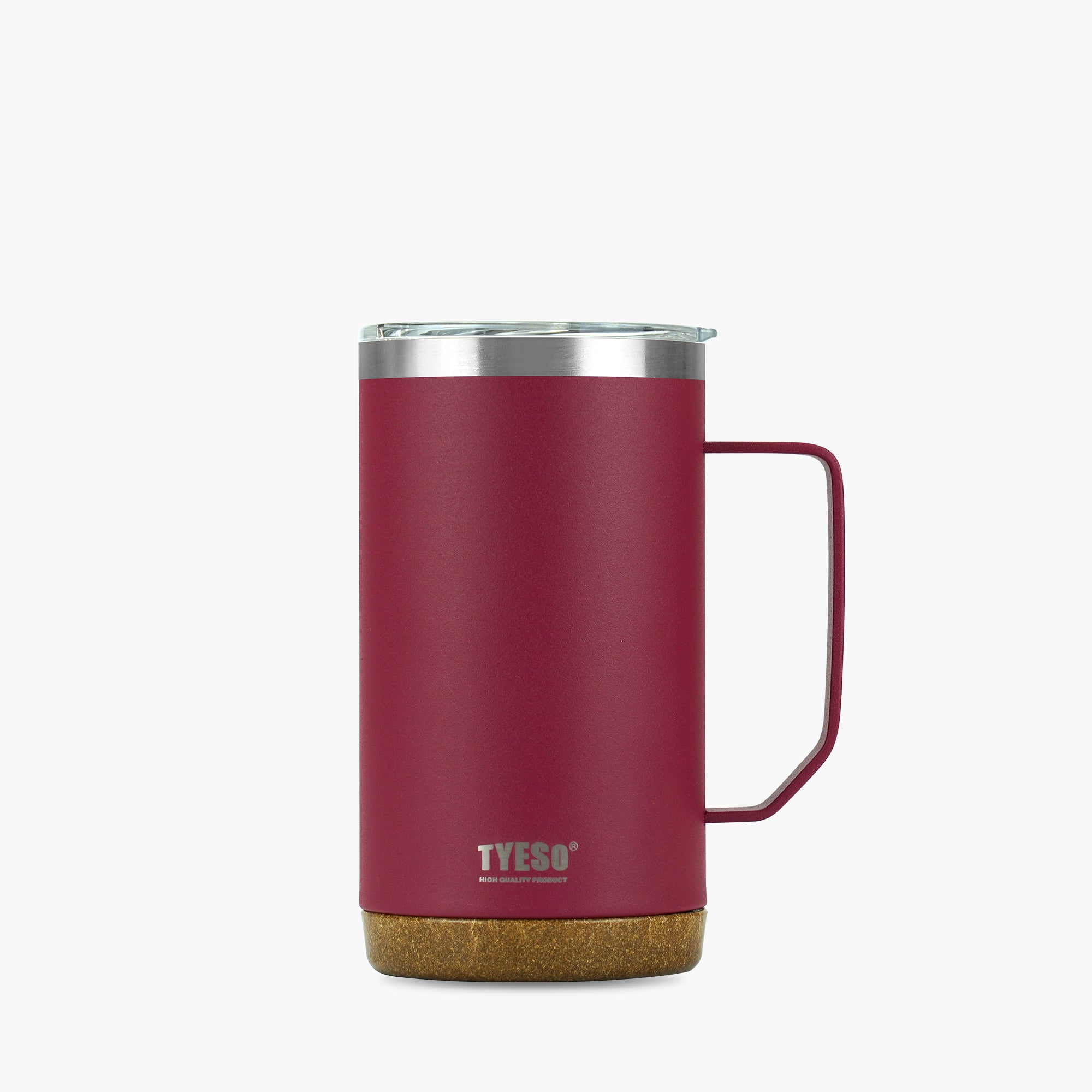 Front view of the red 24 oz TYESO CASK insulated coffee mug with handle #color_red