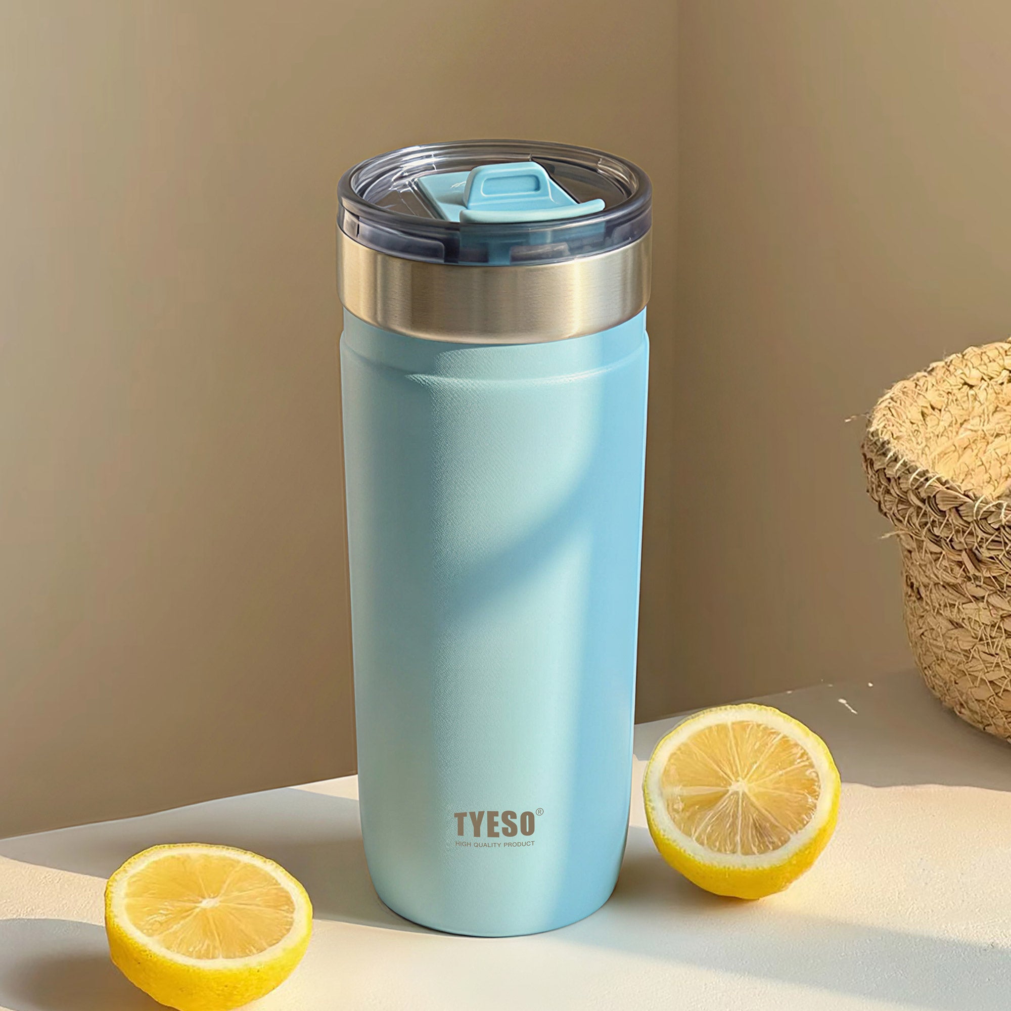 tyeso opaline insulated tumbler vacuum insulated BPA free blue cup on table lifestyle desk scene powder coating finish #color_blue