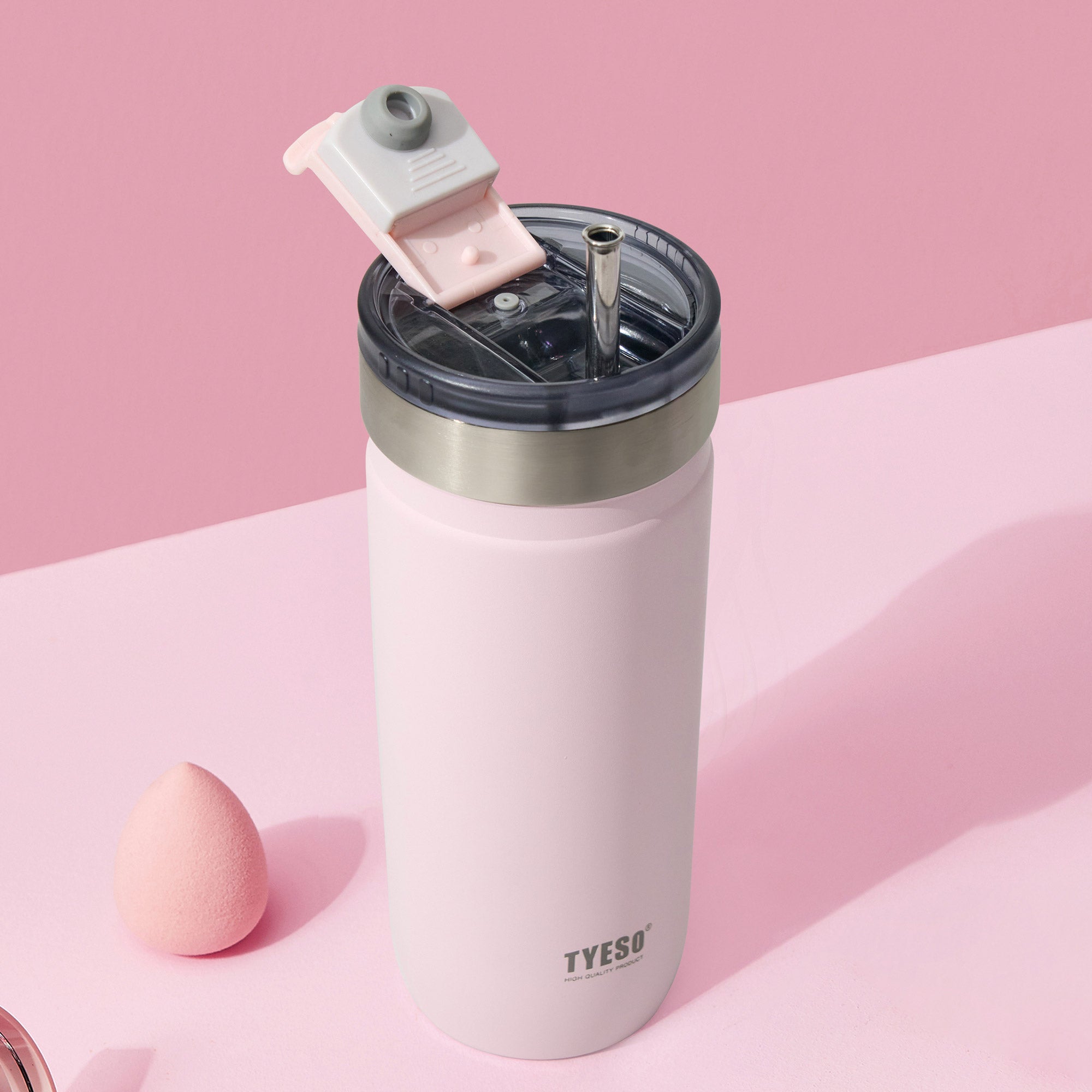 tyeso opaline insulated stainless steel tumbler pink easy open lid design leak proof BPA free #color_pink