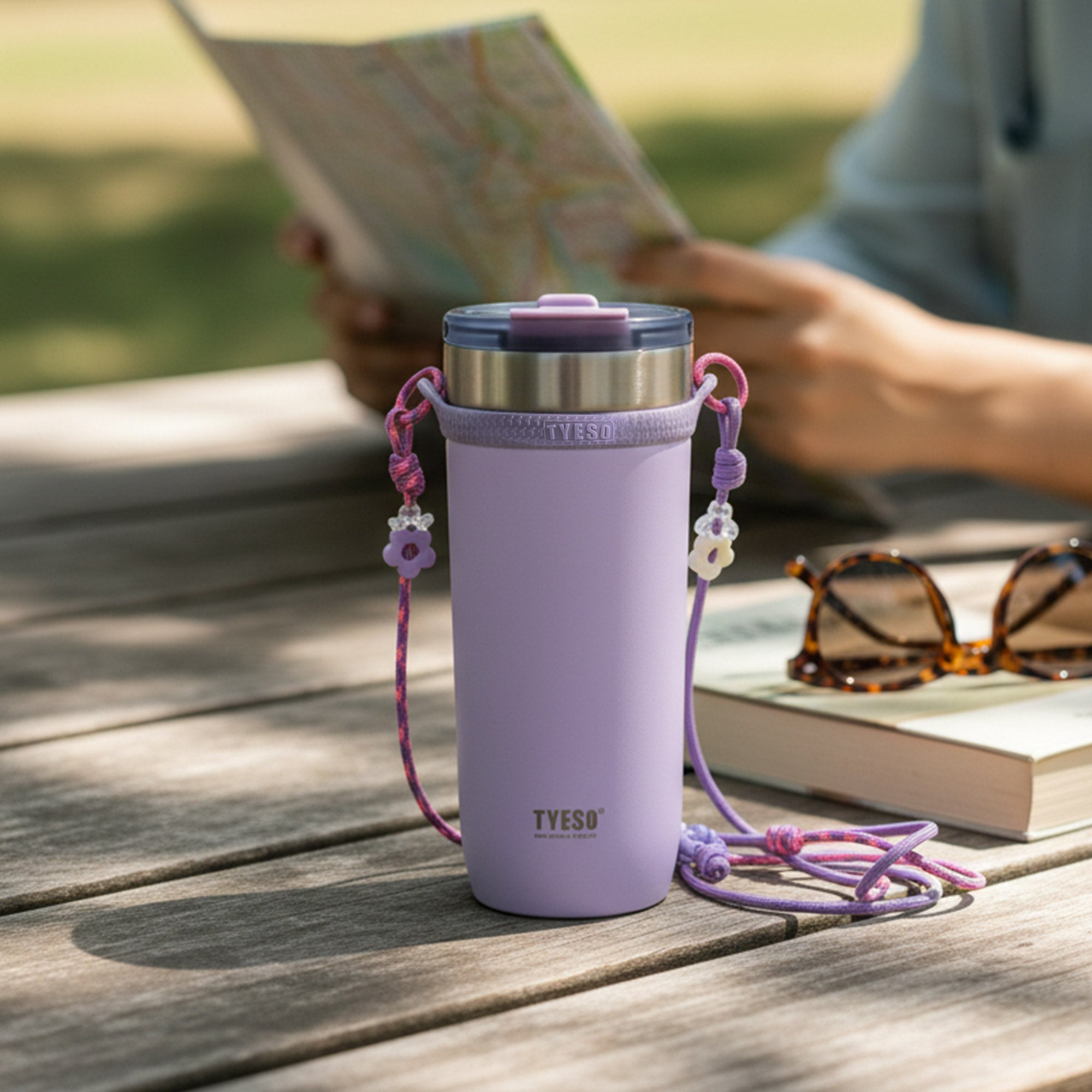 tyeso opaline tumbler vacuum insulated BPA free purple reading scene beside table book lifestyle drink companion cup #color_purple